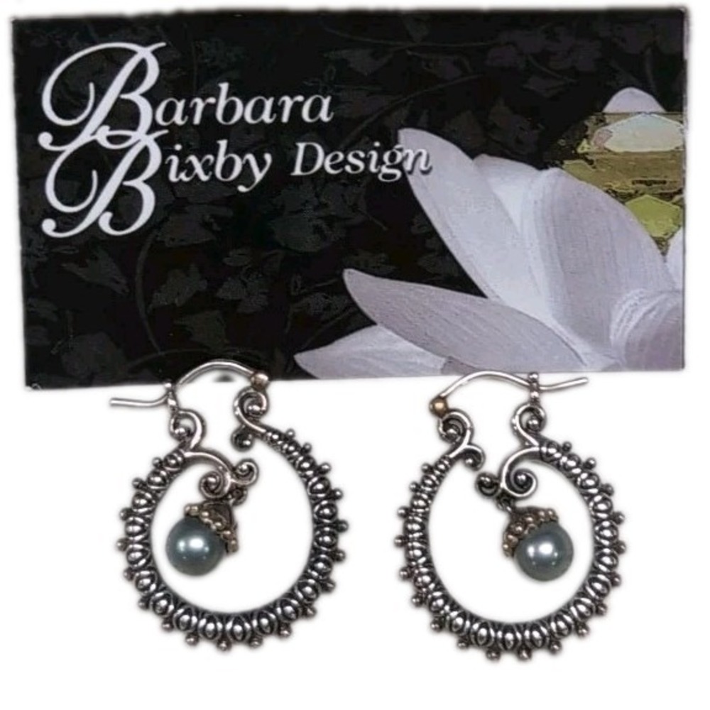 BARBARA BIXBY 925 Sterling Silver 18k Gold Hoop Earrings Gray Cultured Pearls